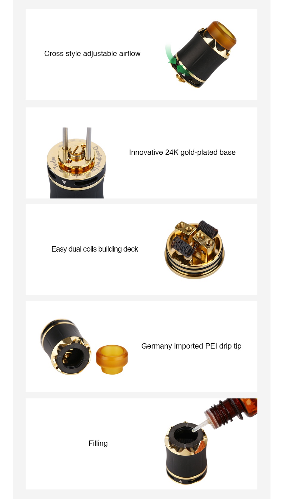 Cool Vapor Arthur RDA Cross style adjustable airflow nnovative 24K gold plated base Easy dual coils building deck Germany imported PEl drip tip