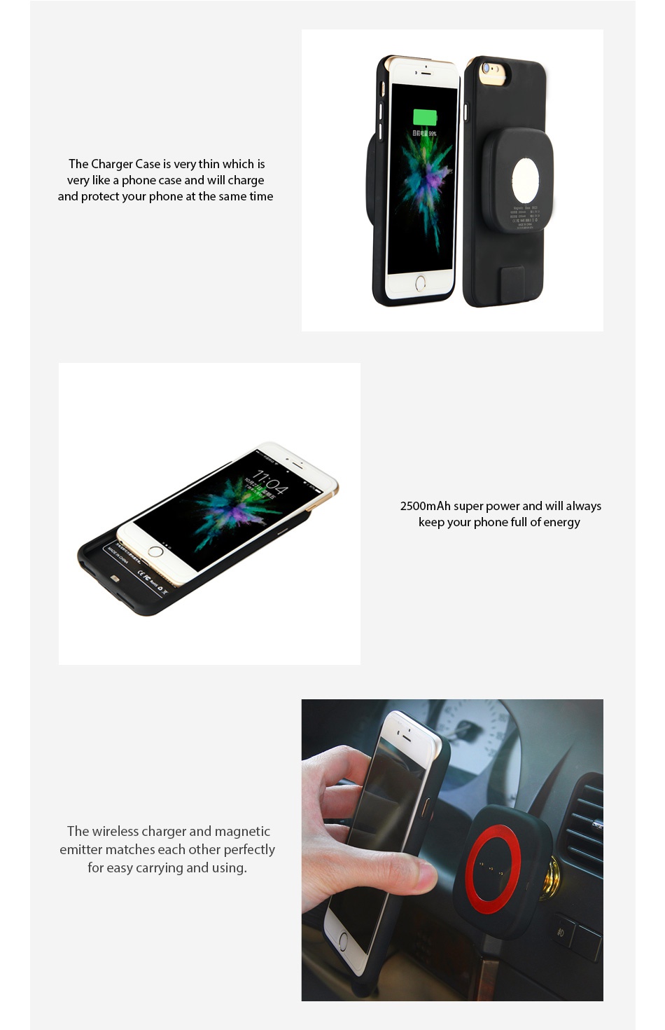 Magnetic Wireless Charger Kit for iPhone 2500mAh The charger case is very thin which very like a phone case and will charge and protect your phone at the same time 2500mAh r power and will always The wireless charger and magnetic mitter matches each other perfectly for easy carrying and using