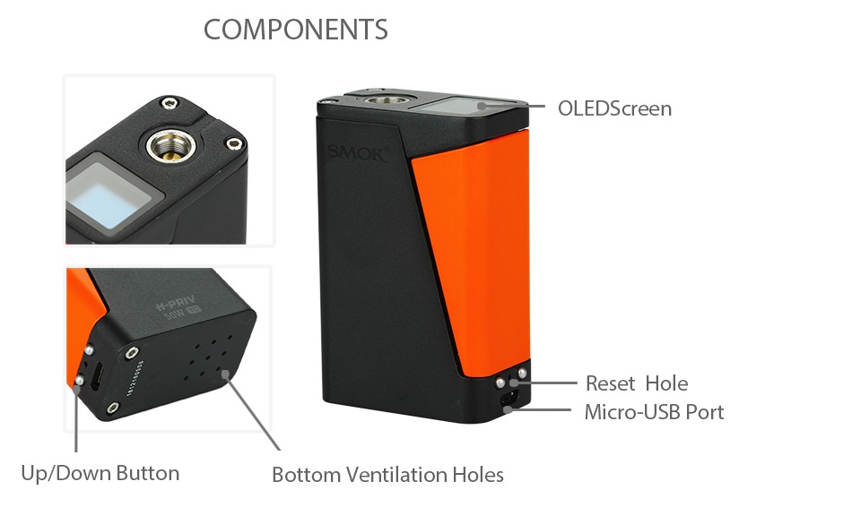 SMOK H-PRIV Mini Kit 1650mAh COMPONENTS OLEDScreen Reset hole Micro USB Port Up Down Button Bottom ventilation holes
