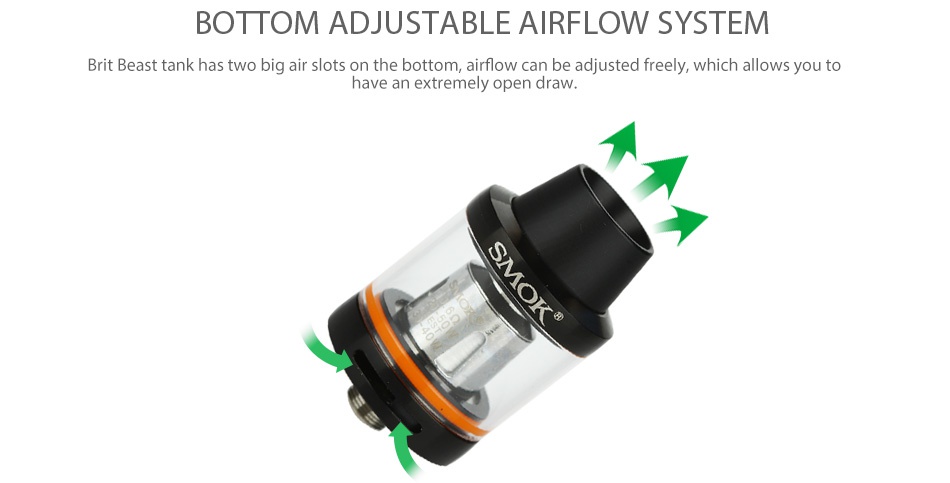 SMOK H-PRIV Mini Kit 1650mAh BOTTOM ADJUSTABLE AIRFLOW SYSTEM Brit Beast tank has two big air slots on the bottom  airflow can be adjusted freely  which allows you to have an extremely open draw