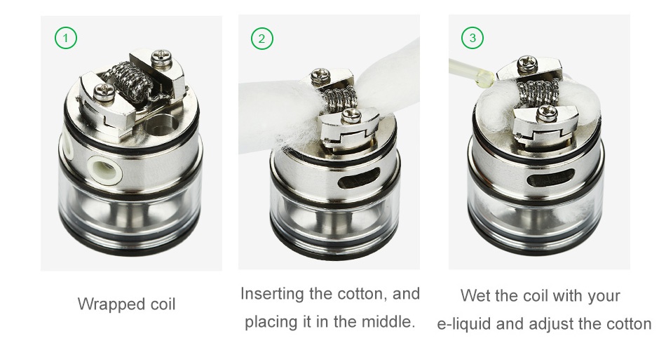 WOTOFO Serpent RDTA 2.5ml Wrapped coi Inserting the cotton  and Vet the coil with your placing it in the middle  e liquid and adjust the cotton