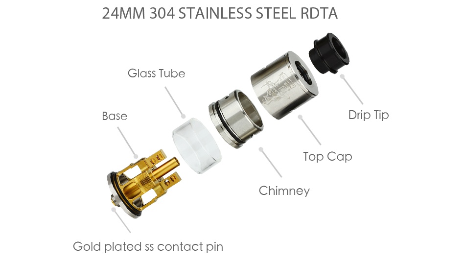 Advken Mad Hatter 24 RDTA 24MM 304 STAINLESS STEEL RDTA Glass Tube Base Top Cap Chimney Gold plated ss contact pin