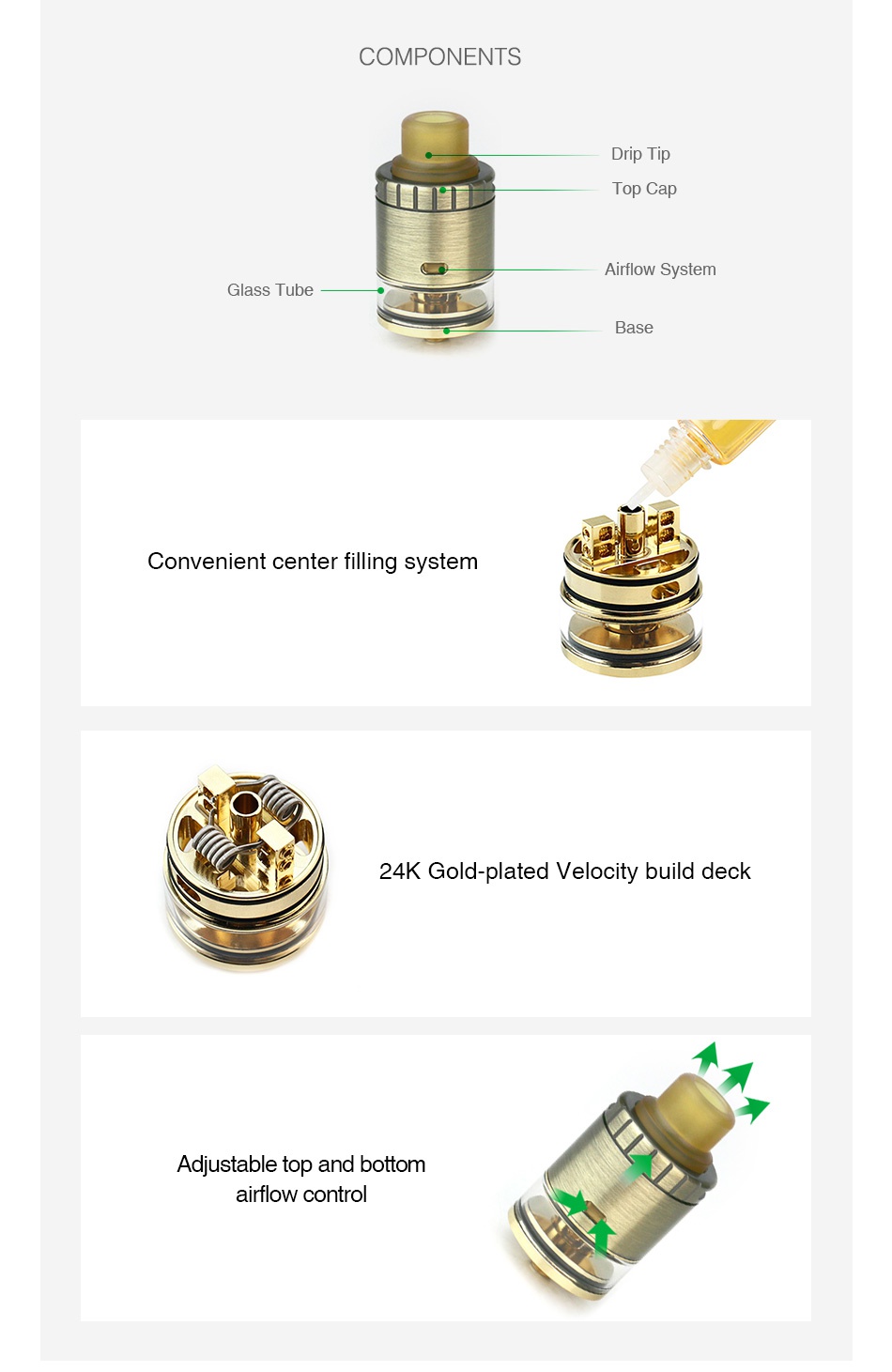 GTRS V12 RDTA 2ml COMPONENTS Drip Tip     Top Cap Airflow System Glass Tube Convenient center filling system 24K Gold plated velocity build deck Adjustable top and bottom rflow control