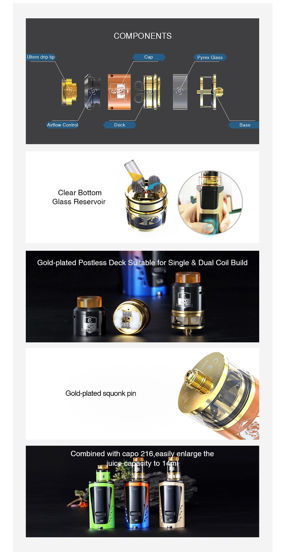 IJOY COMBO Squonk RDTA 4ml COMPONENTS Ultem drip Airflow Control Base Clear bottom Glass reservoir Gold plated Postless Deck Suitable for Single dual Coil Build Gold plated squonk pin Combined with capo 216  easily enlarge the uice capacity to 1 4m