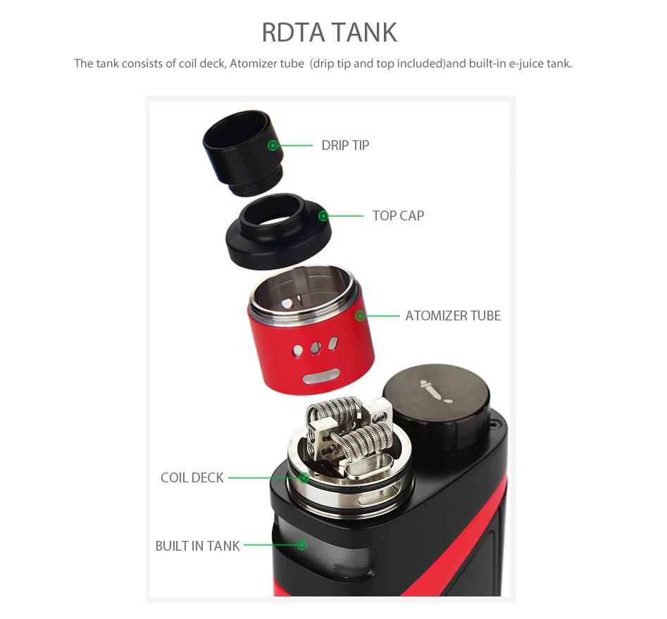 SMOK SKYHOOK RDTA BOX Starter Kit RDTA TANK The tank consists of coil deck  Atomizer tube  drip tip and top included and built in e juice tank DRIP TIP TOP CAP ATOMIZER TUBE COIL DEC BUILT IN TANK
