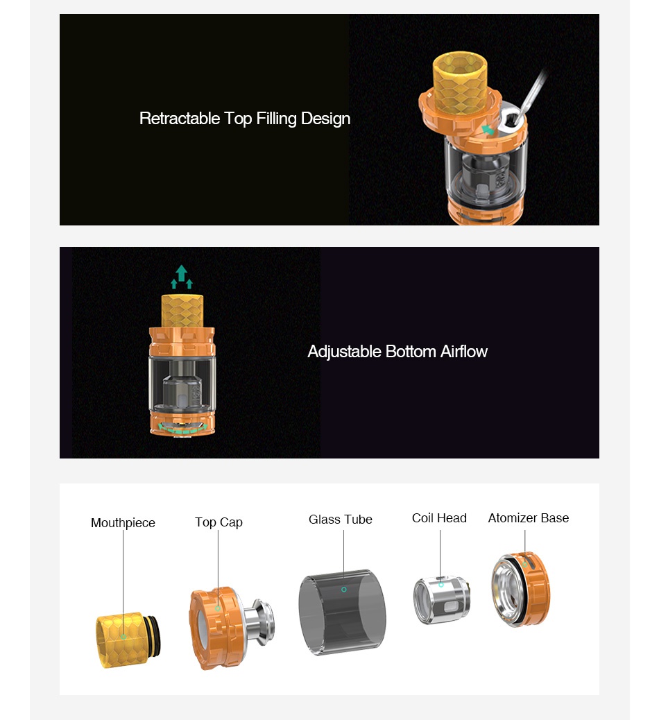 WISMEC Gnome King Subohm Tank 2ml/5.8ml Retractable Top Filling Design Adjustable Bottom Airflow Mouthpiece Top Ci Glass tube Coil head Atomizer base