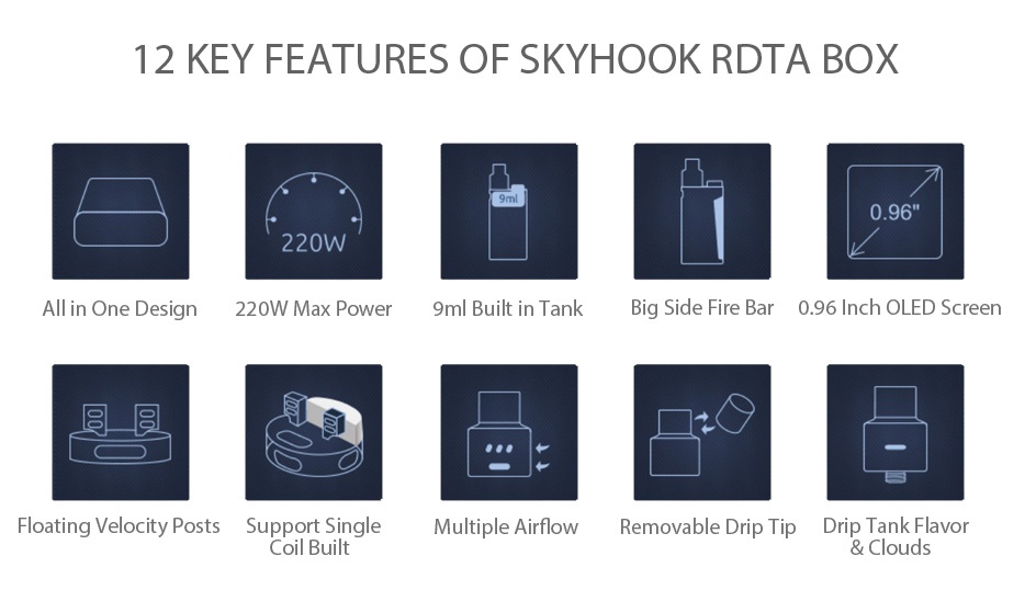 SMOK SKYHOOK RDTA BOX Starter Kit 12 KEY FEATURES OF SKYHOOK RDTA BOX 0 96 220W All in One Design 220W Max Power 9ml Built in Tank Big Side Fire Bar 0 96 Inch OLED Screen Floating Velocity Posts Support Single Multiple Airfle Removable Drip Tip Drip Tank Flavor Coil built clouds
