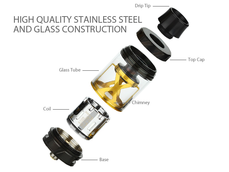 IJOY MAXO V12 Subohm Standard Kit 5.6ml Drip ti HIGH QUALITY STAINLESS STEEL AND GLASS CONSTRUCTION Top C ap Glass Tube
