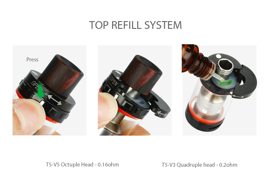 CARRYS T5 Cloud Tank 5.5ml TOP REFILL SYSTEM T5 V5 Octuple Head  0 16ohm T5 V3 Quadruple head  0ohm