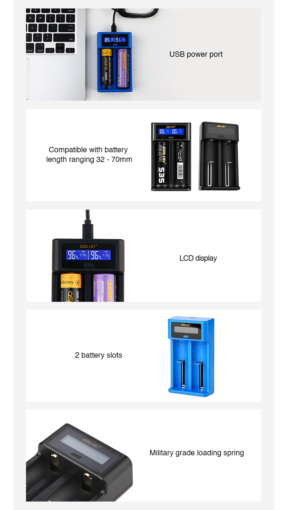 Golisi I2 2A Smart USB Charger with LCD Screen 89  9A USB power port Compatible with battery length ranging 32 70mm num CoLISI CD display 2 battery slots Military grade loading spring