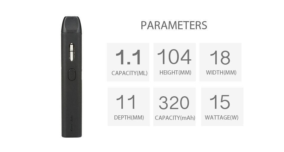 Eleaf iCare Solo Starter Kit 320mAh PARAMETERS 1 110418 CAPACITY ML  EIGHTI IDTH MN 1132015 DEPTH MM  CAPACITY mAh  WATTAGE W