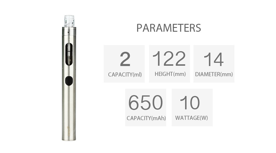 Eleaf iCare 140 Starter Kit 650mAh PARAMETERS 212214 CAPACITY ml  HEIGHT mm  DIAMETER mm  65010 CAPACITY mAh  WATTAGE W