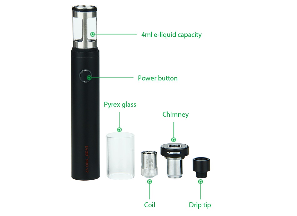 Kangertech EVOD PRO V2 Starter Kit 2500mAh 4ml e liquid capacity Power button yrex gla Chimney Drip ti