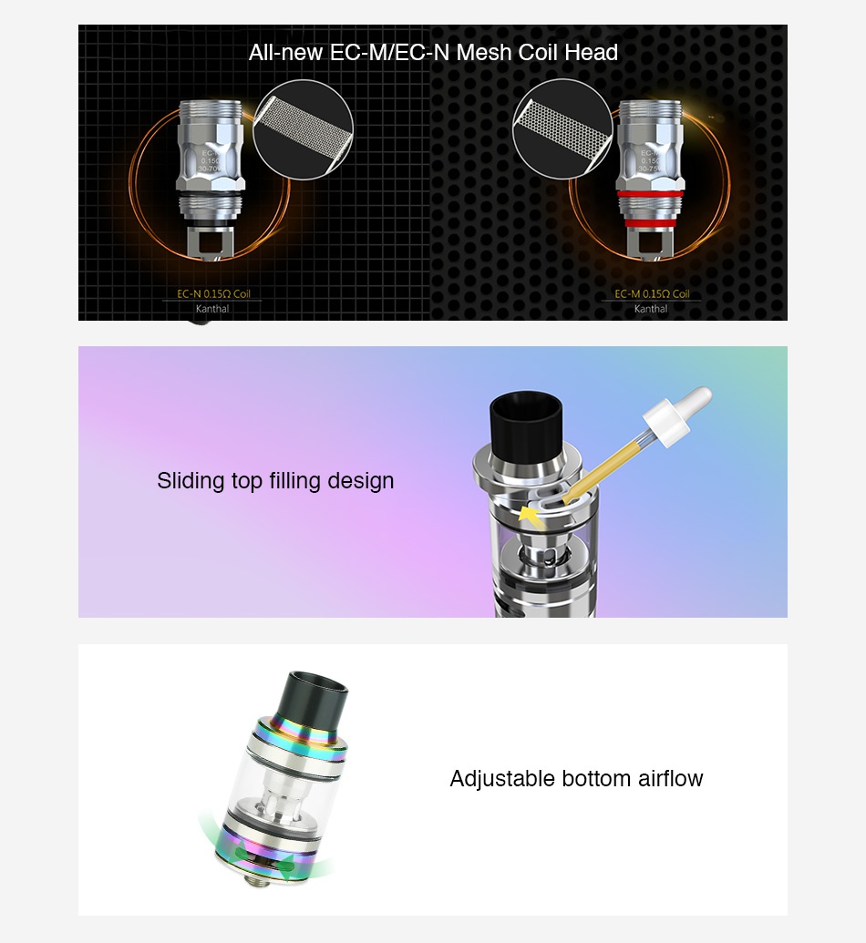 Eleaf iJust ECM Atomizer 4ml/2ml All new EC MEC n mesh Coil head EC NO15Q Coil A EC MO150 Coile Kanth Sliding top filling design Adiustable bottom airflow