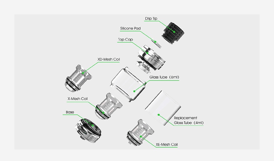 Ample Amp-X Subohm Tank 6ml Drip Silicone pad Top Cap XD Mesh Col Glass lupe  omD  XMesh C Glass Tube 4 XE Mesh Coil