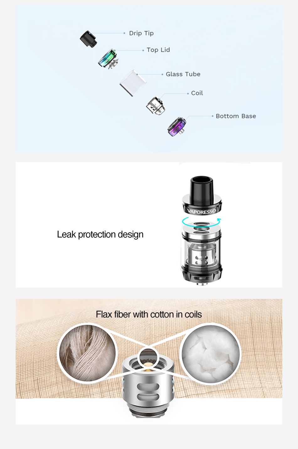 Vaporesso SKRR-S Mini Subohm Tank 2ml/3.5ml Drip Tip Top Lid Glass Tube Coil Bottom Base VAPORES Leak protection design Flax fiber with cotton in coils