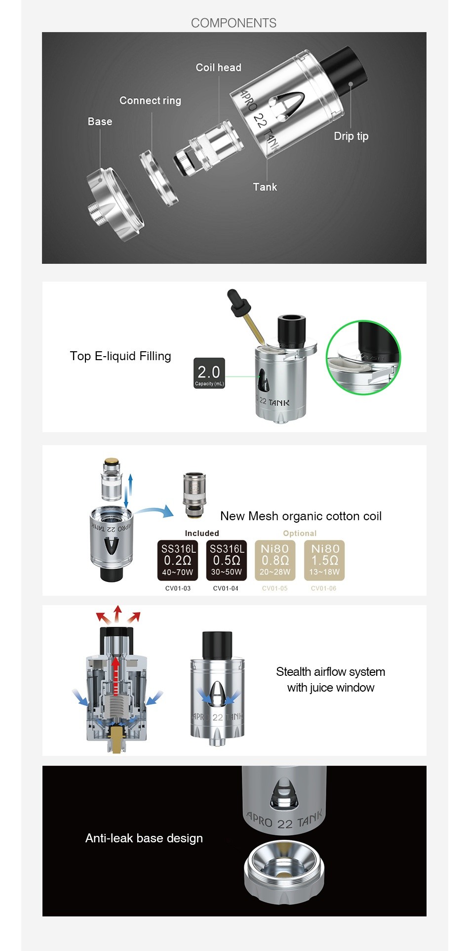 UD Apro 22 Subohm Tank 2ml COMPONENTS Coil head Connect ring Base Drip Tank Top E liquid Filling 2 0 TANK   New Mesh organic cotton coi Included Optional S316L SS316L Ni80 Nico 0 290 590891 59 30 50W20 28W 13 18W CV01 05 Stealth airflow system with juice window RO 22 TAI Anti leak base design