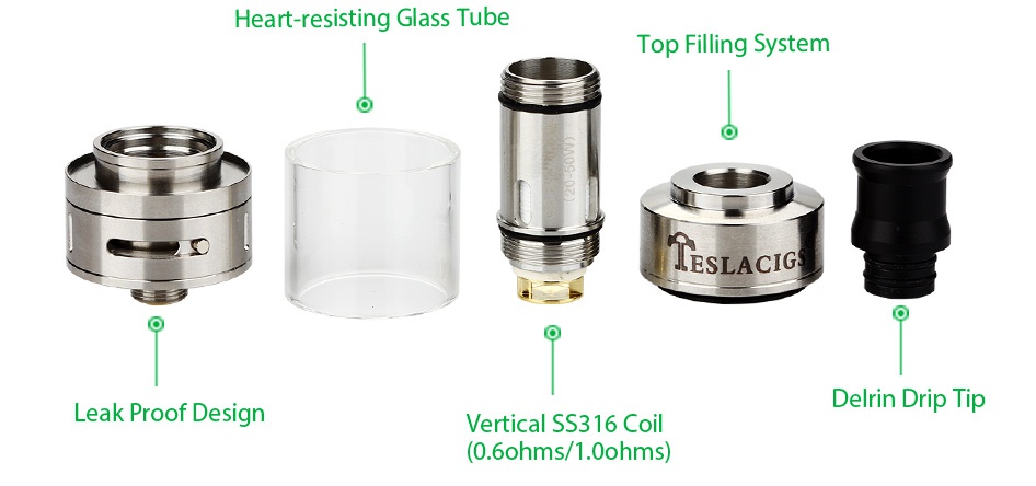 Tesla Stealth 40W TC Starter Kit 1300mAh Heart resisting Glass Tube Top Filling system ESLaCIg Leak Proof Design Delrin Drip Tip Vertical ss316 col  0 ohms 1 ohms