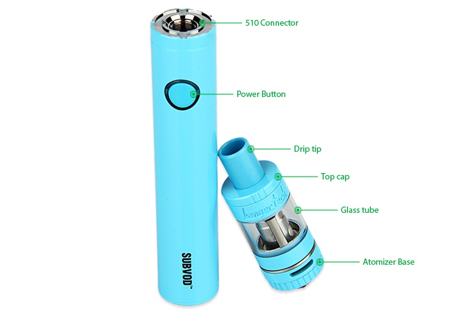 Kangertech SUBVOD Starter Kit 1300mAh 510C Power button rip tip Top cap Glass tube Atomizer base