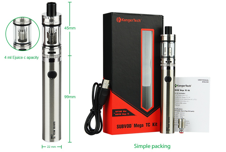 Kangertech SUBVOD Mega 2300mAh TC Starter Kit 4ml ngerTech 4 ml Juice c apacity HIm KKangerTech 99mm SUBVOD Mega TO mm Simple packing