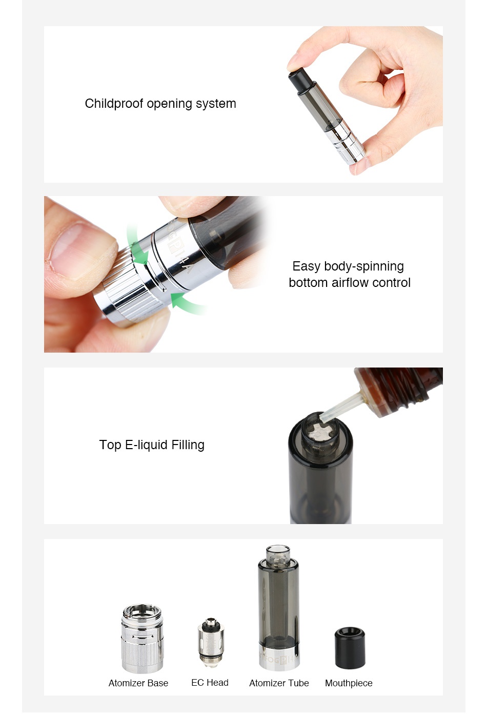 JUSTFOG P14A Clearomizer 1.9ml Childproof opening system Easy body spinning bottom airflow control Top E liquid Filling Atomizer base EC Head Atomizer Tube Mouthpiece