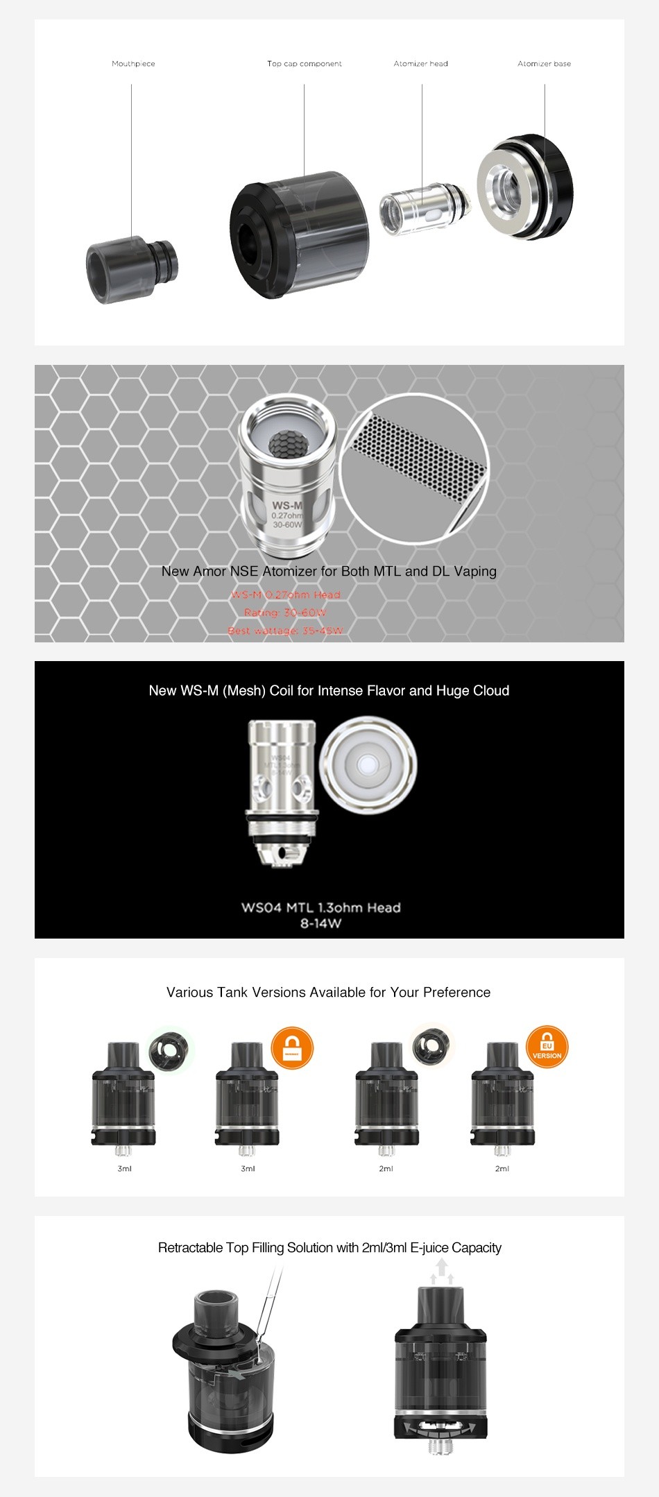 WISMEC Amor NSE Atomizer 2ml/3ml Mouthpiece Atomizer base 027 3060 New Amor NSE Atomizer for Both MTL and DL Vaping Best w att New WSM Mesh  Coil for Intense Flavor and Huge Cloud WSo4 MTL 1ohm Head 8 14W Various Tank Versions Available for Your preference Retractable Top Filling solution with 2ml mI E juice Capacity