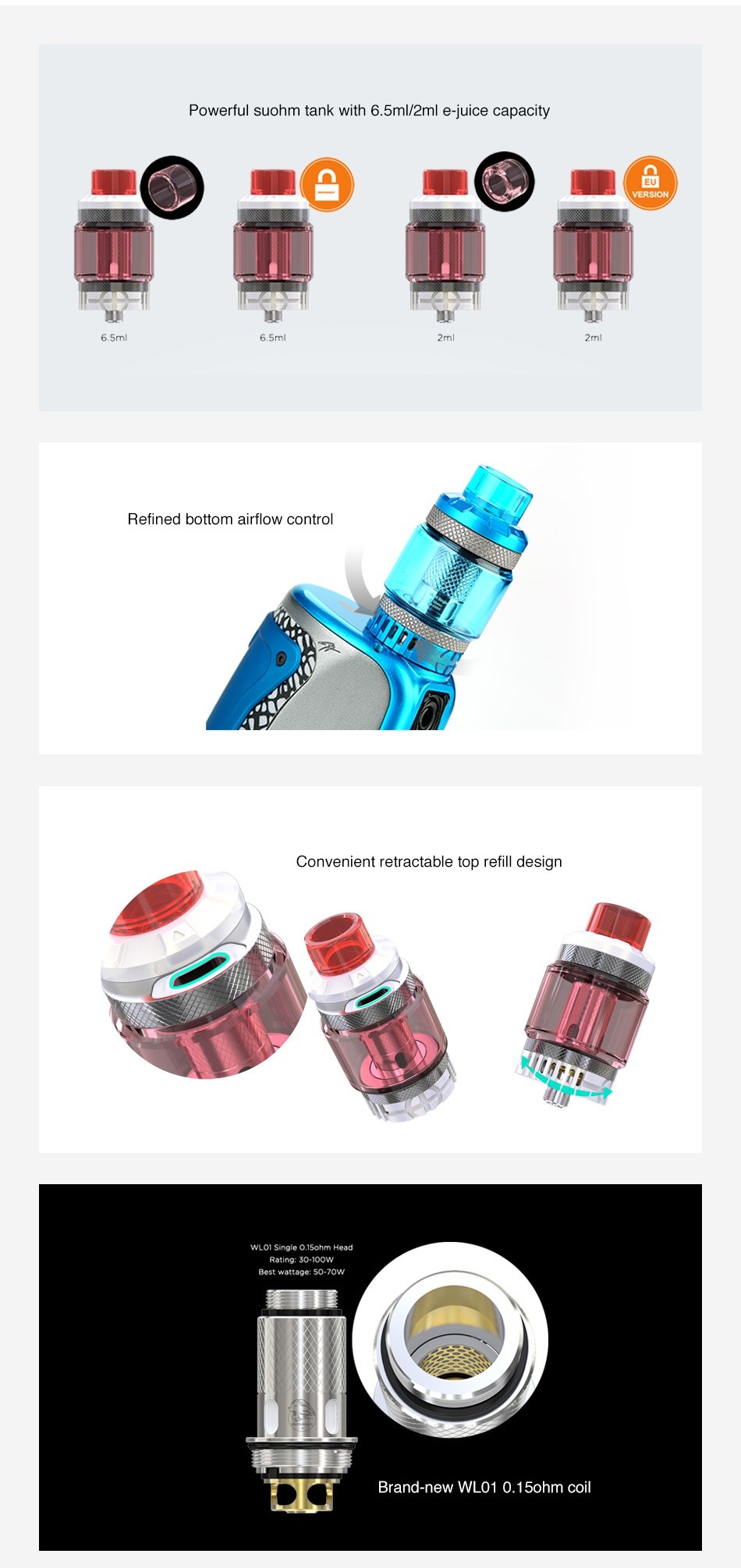 WISMEC Column Subohm Tank 6.5ml/2ml Powerful suohm tank with 6 5m 2ml e juice capacity 6 5ml Refined bottom airflow control Convenient retractable top refill design WLO1 Single O 15ohm Head Rating  30 lOOw Brand new wlo10 1 5ohm coil