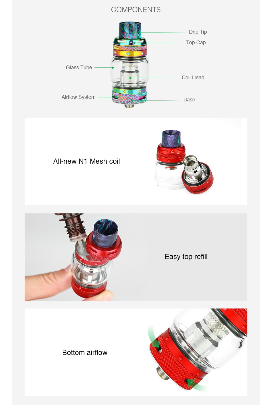 VOOPOO UFORCE T1 Subohm Tank 3.5ml/8ml COMPONENTS Drip I ip Top Cap Glass Tube Coil Head Airflow System All new n1 Mesh co Easy top refill Bottom airflow