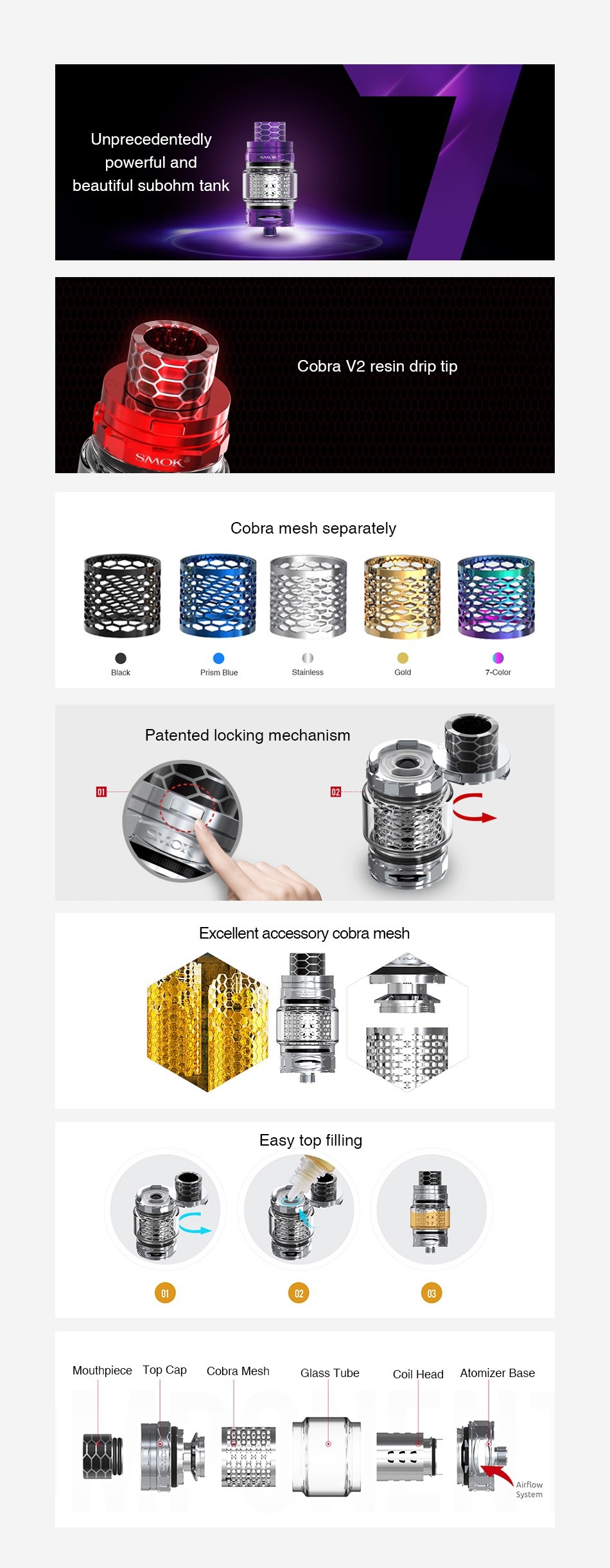 SMOK TFV12 Prince Cobra Edition Tank 7ml/2ml Unp powerful and beautiful subohm tank Cobra v2 resin drip tip Cobra mesh separately Prism Elue Stainless 7 Color Patented locking mechanism 2 Excellent accessory cobra mesh Easy top filling Mouthpiece Top Cap Cobra Mcsh Glass Tube Cail Head Atomizer Base