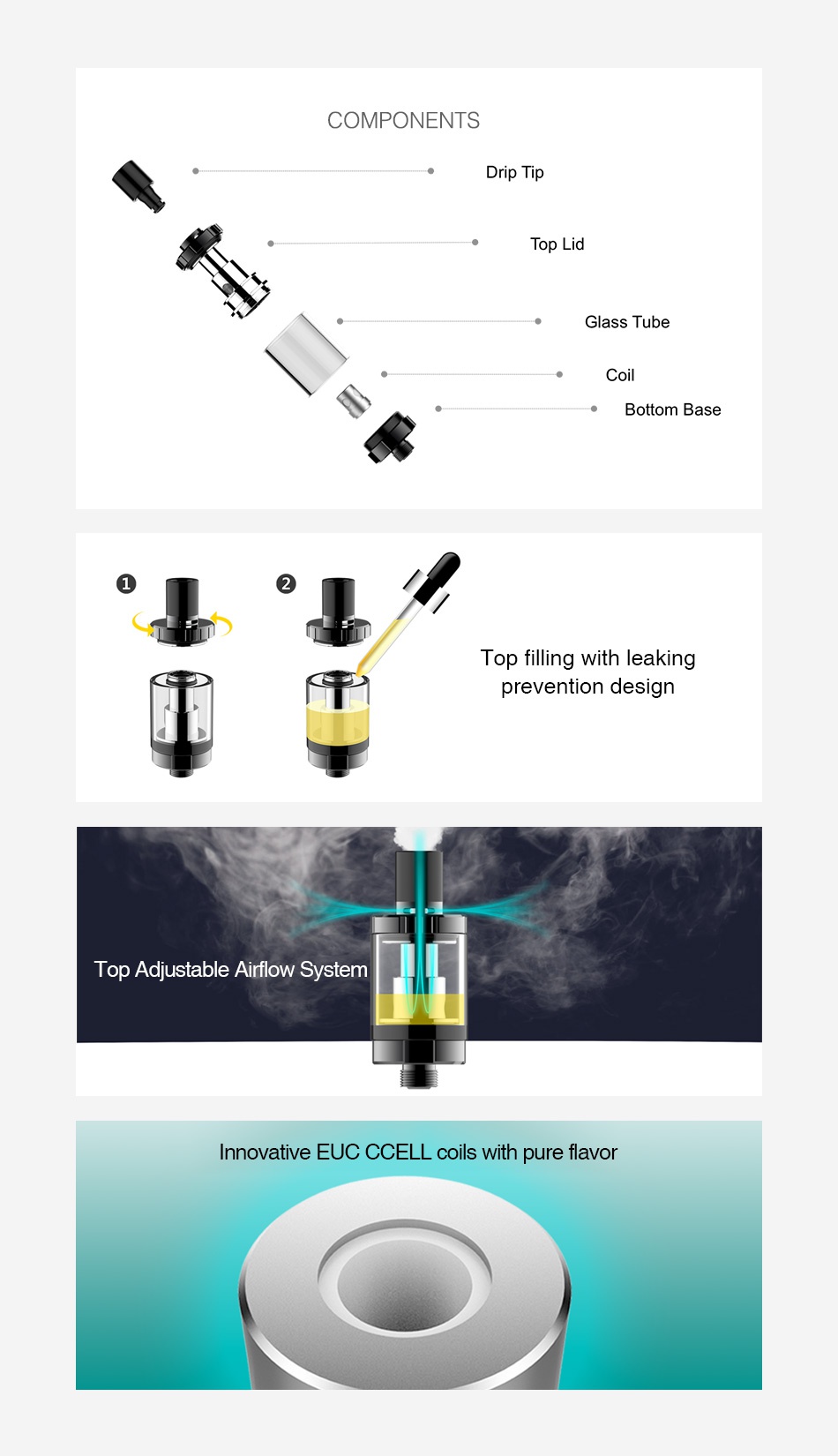 Vaporesso Drizzle Subohm Tank 1.8ml COMPONENTS rip Iip Glass Tub Coil Bottom base Top filling with leaking prevention design Top Adjustable Airflow System Innovative EUC CCELL coils with pure flavor