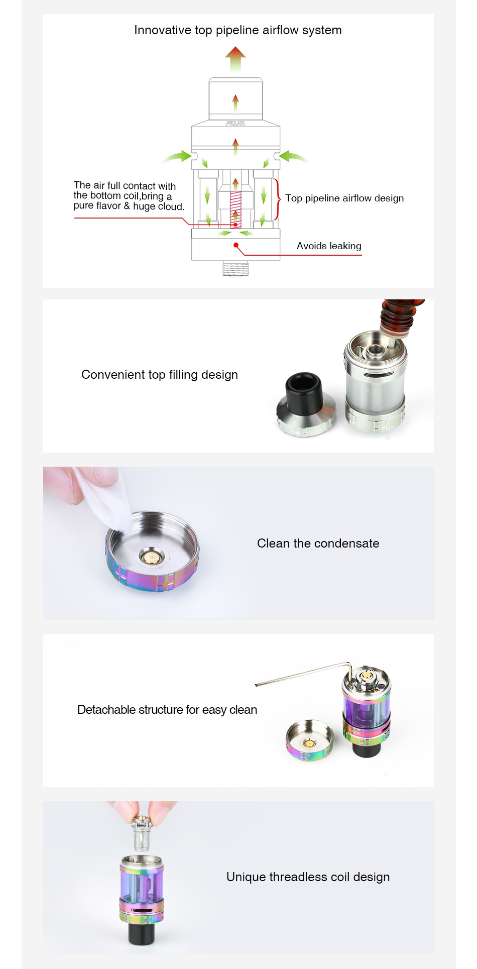 Yosta Pillar Subohm Tank 3.5ml Innovative top pipeline airflow system The air full contact with the bottom coil  bring a Top pipeline airflow design pure flavor huge cloud Avoids leaking Convenient top filling design Clean the condensate Detachable structure for easy clean Unique threadless coil design