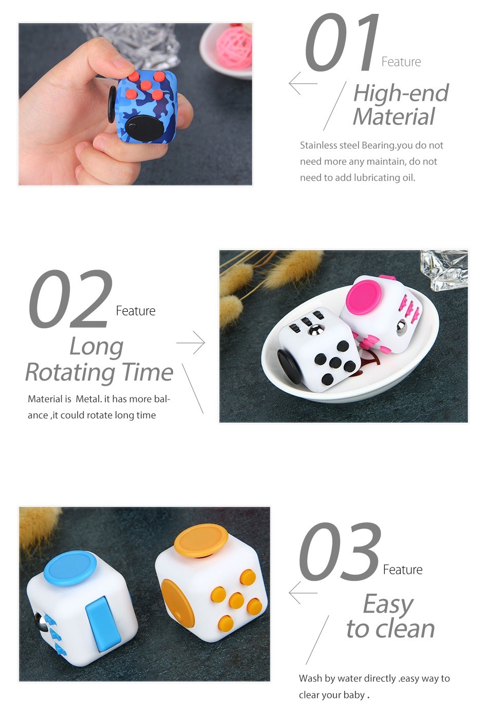 ABS Fidget Cube Stress Relief Focus Toy 07 Feature High end Material Stainless steel Bearing you do not need more any maintain  do no need to add lubricating o 02 eature ong Rotating Time Material is Metal  it has more ba ance it could rotate long time 03 eature Easy to clean ash by water directly easy way to clear your baby