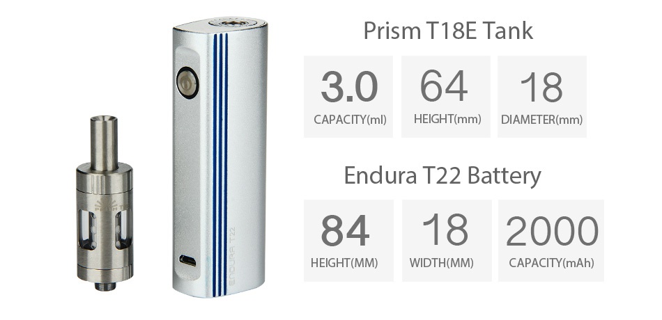 Innokin Endura T22E Starter Kit 2000mAh Prism t18E Tank 3 06418 CAPACITY ml  HEIGHT mm  DIAMETER mm  Endura T22 Battery 84182000 HEIGHT MM  WIDTH MM  CAPACITY mAh