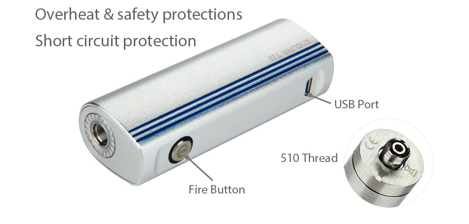 Innokin Endura T22E Starter Kit 2000mAh Overheat safety protections Short circuit protection USB Port 510 Thread Fire button