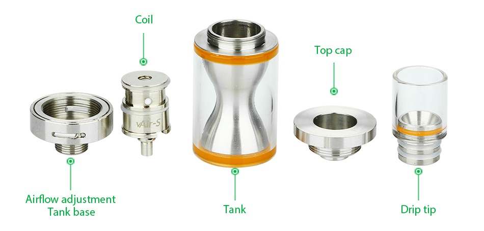 VapeOnly Arcus Atomizer 2ml T op cap    Airflow adjustment Tank base Tank Drip tip