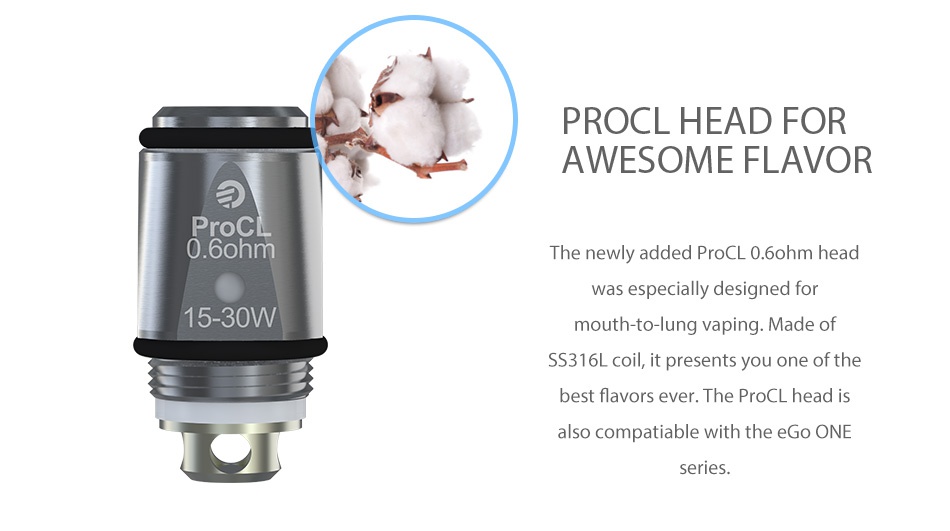 Joyetech eGo ONE TFTA Kit 2300mAh PROCL HEAD FOR AWESOME FLAVOR 0  ohm The newly added ProCL 0 bohm head as especially designed for 15 30W mouth to lung vaping Made of SS316L coil  it presents you one of the best flavors ever  The procl head is also compatiable with the ONE serles