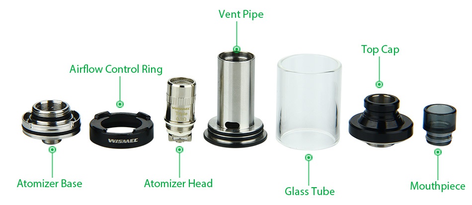 WISMEC Vicino Atomizer 3.5ml Vent pi p cap Airflow Control ring Atomizer base Atomizer head Glass Tube Mouthpiece