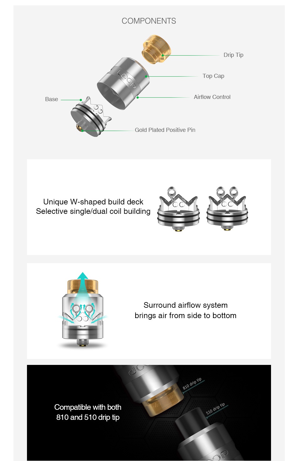 Geekvape Loop RDA COMPONENTS rip I p Top Cap Base Airflow control Gold plated positive pi Unique W shaped build deck OO Selective single dual coil building Surround airflow system brings air from side to bottom Compatible with both 810 and 510 drip tip