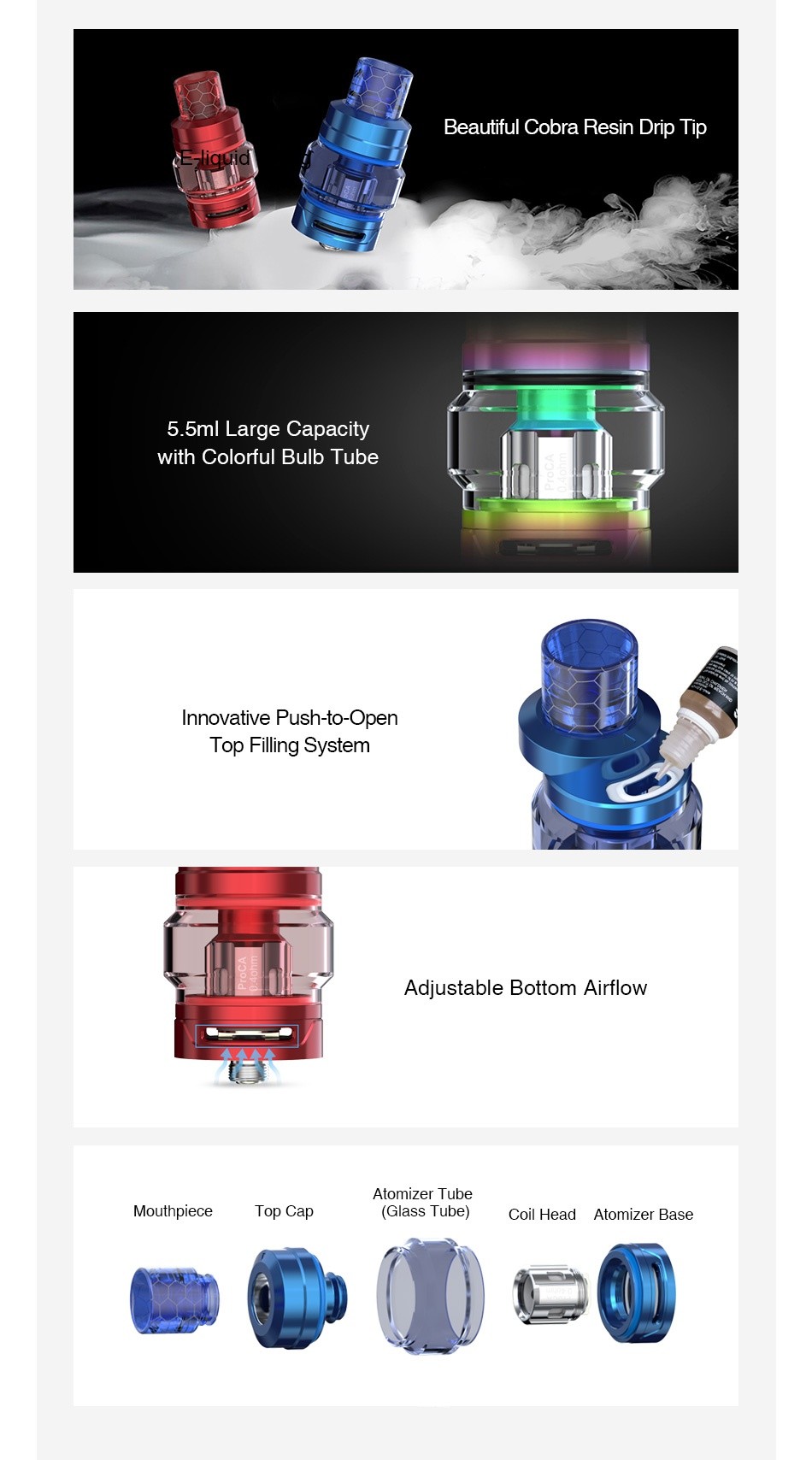 Joyetech ProCore Air Plus Atomizer 5.5ml Beautiful Cobra Resin Drip Tip 5  5ml Large Capacity with Colorful bulb tube Innovative Push to Open Top Filling System Adjustable Bottom Airflow tomizer tube Mouthpiece Top Cap  Glass Tube  Coil head Atomizer base
