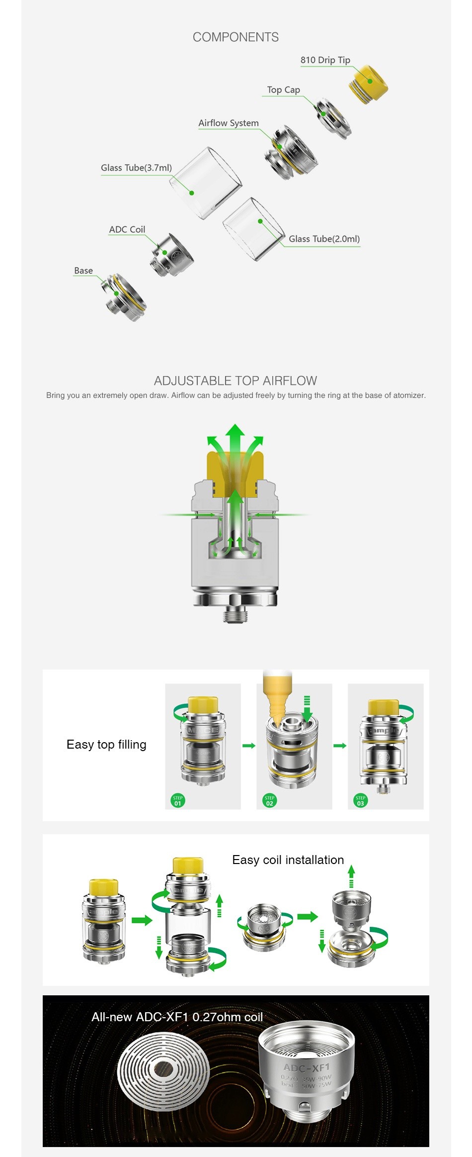 Ample Mace-X Subohm Tank 2ml/3.7ml COMPONENTS 810 Drip Ti Airflow System Glass Tube 3 7ml ADC CO Glass Tube 2 0m  ADJUSTABLE TOP AIRFLOW Bring you an extremely open draw  Airflow can be adjusted freely by turnng the ring at the base of atomizer  Easy top filling Easy coil installation All new ADc XF1 0 27ohm coil
