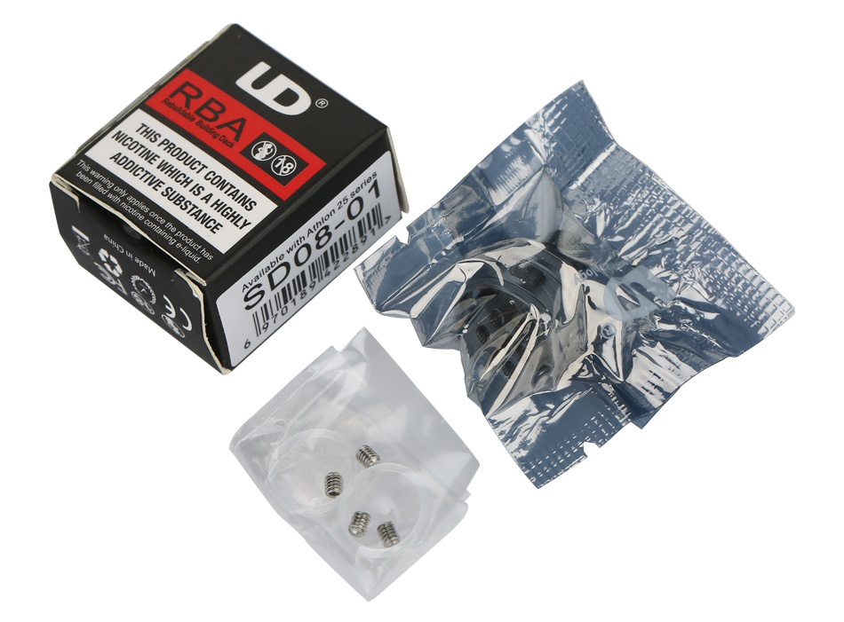 UD Athlon 25 RBA Head UD RBA 8 THIS PRODUCT CONTAINS NICOTINE WHICH IS A HIGHLY ADDICTIVE SUBSTANCE This warning only applies once the product has been filled with nicotine containing e liquid