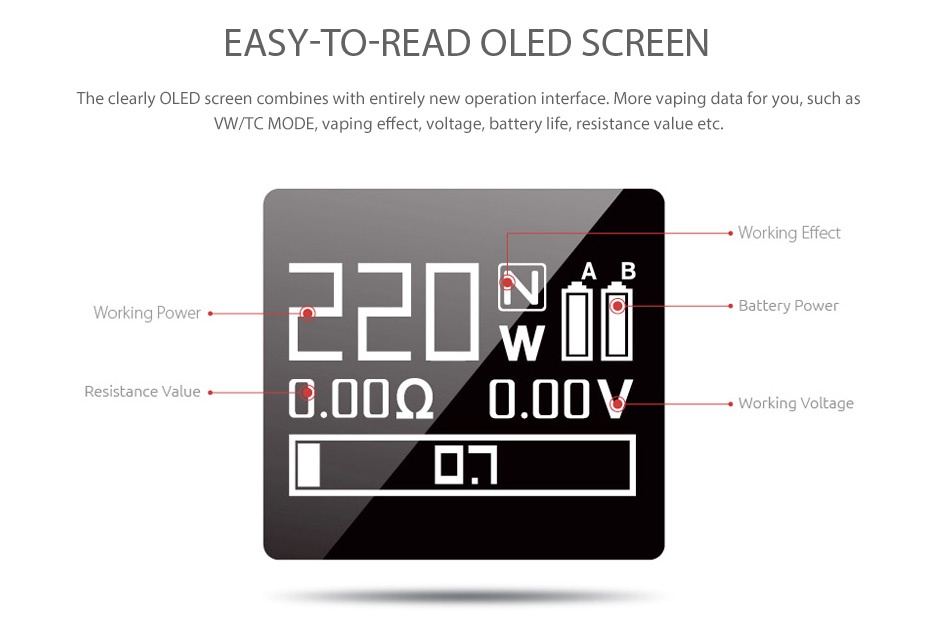 SMOK T-Priv 220W TC Kit with TFV8 Big Baby EASY TO READ OLED SCREEN e clearly OLED screen combines with entirely new operation interface  More vaping data for you  such as WW TC MODE  vaping effect  voltage  battery life  resistance value etc  Working effect Working Power     Resistance value Working Voltage