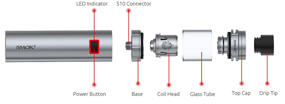 SMOK Stick X8 Kit 3000mAh LED Indicator 510 Connector SMOK     Power Button Base Coil Head Glass Tube Top Cap Drip Tip