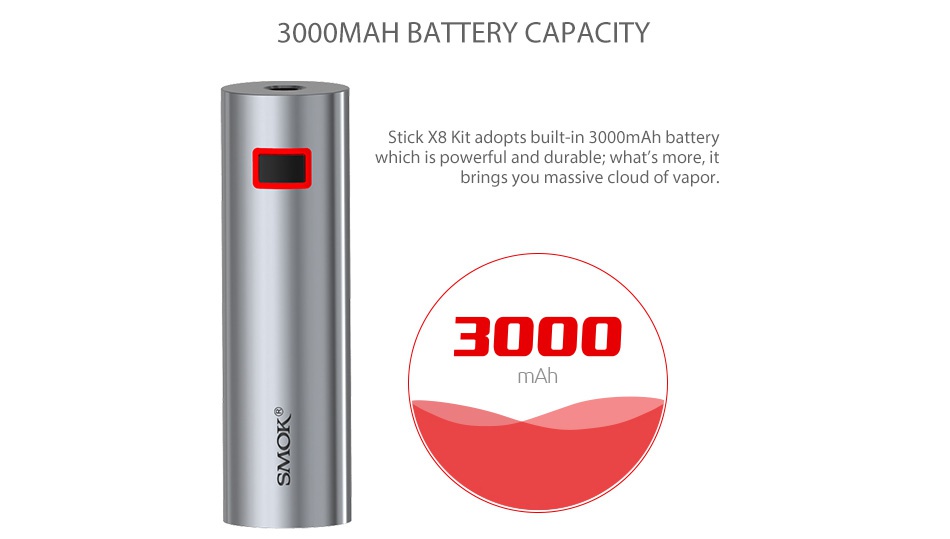 SMOK Stick X8 Kit 3000mAh 3000MAH BATTERY CAPACITY Stick X8 Kit adopts built in 3000mAh battery hich is powerful and durable what s more  it brings you massive cloud of vapor Ah