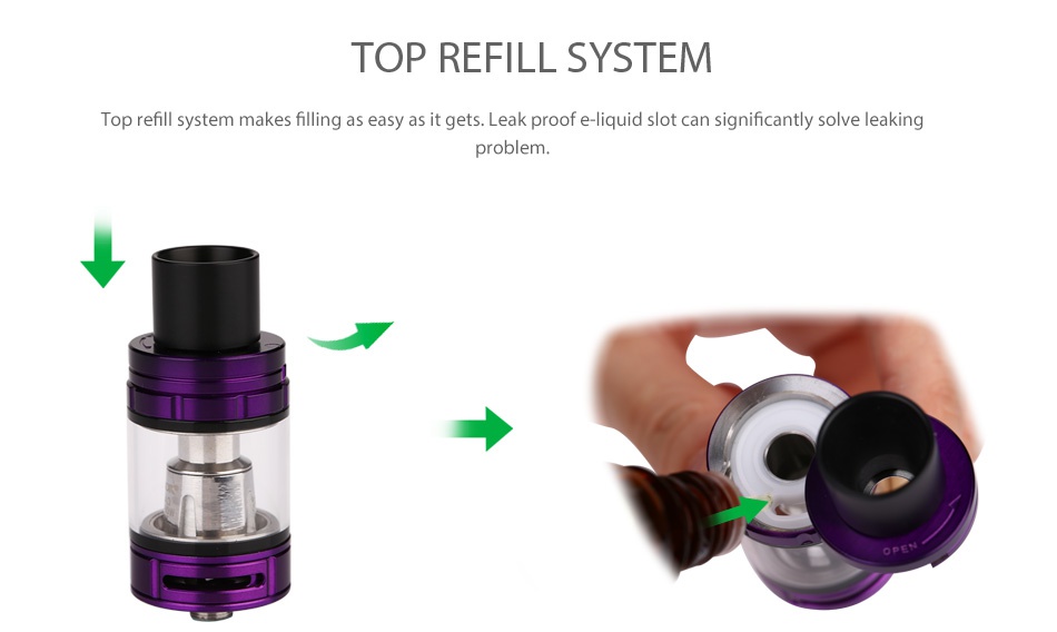 SMOK T-Priv 220W TC Kit with TFV8 Big Baby TOP REFILL SYSTEM Top refill system makes filling as easy as it gets Leak proof e liquid slot can significantly solve leaking problem