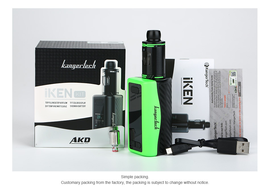 Kangertech IKEN 230W TC Kit 5100mAh MEN OPFILLINS410PAIRFLON TFT COLOR DISPLAY aIrTEMP AND WAITOURVE SI00MAH BATTERY AKD Simple packing Customary packing from the factory  the packing is subject to change without notice