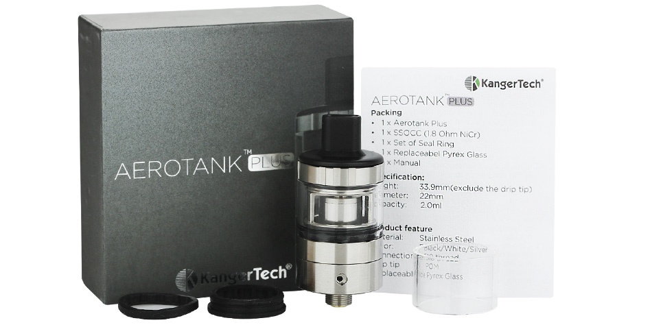 Kangertech Aerotank Plus Cartomizer 2ml EK KangerTech AEROTANK PLUS Packing AEROTANK PLC 33 9mm exclude the lack White Silver tEch placeable Pyrex Glas