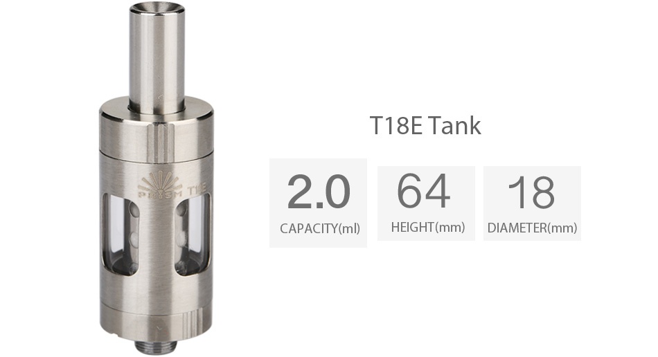 Innokin Prism T18E Tank 2ml T18E Tank 2 06418 CAPACITY ml  HEIGHT mm  DIAMETER mm