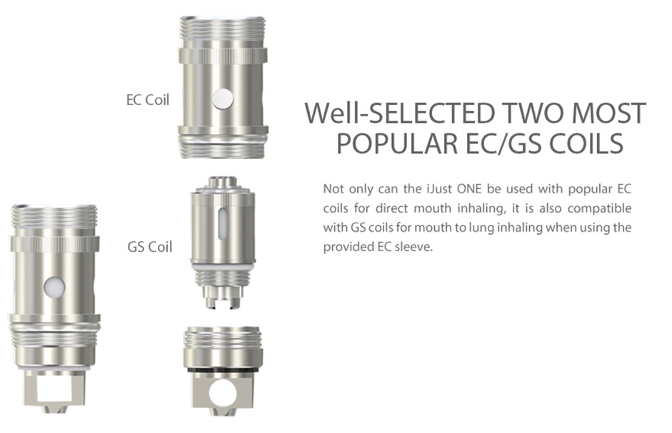 Vaporesso VECO Tank 2ml EC CoI Well SELECTED TWO MOST POPULAR EC GS COILS Not only can the iJust one be used with popular EC coils for direct mouth inhaling  it is also compatible with GS coils for mouth to lung inhaling when using the GS Coil provided EC sleeve