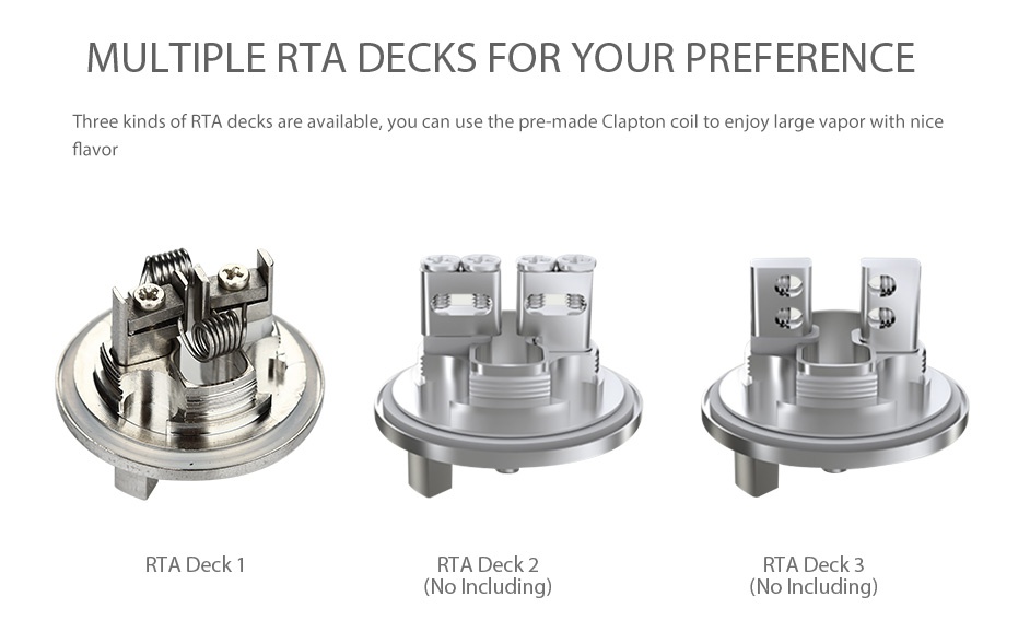 WISMEC Reux Atomizer Kit 6ml MULTIPLE RTA DECKS FOR YOUR PREFERENCE hree kinds of RTA decks are available  you can use the pre made Clapton coil to lar RTA Deck RTA Deck 2  No Including   No Including